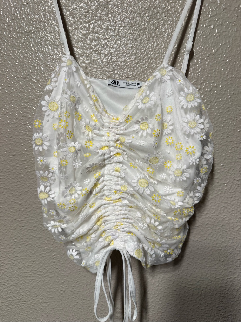 Zara White Daisy Ruched Drawstring Cami